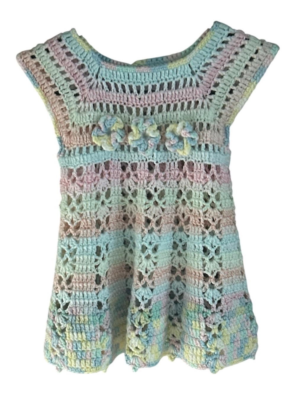 Handmade Crochet Knit Toddler Girl Dress Flowers Multi Pastel Colors 12-24mos